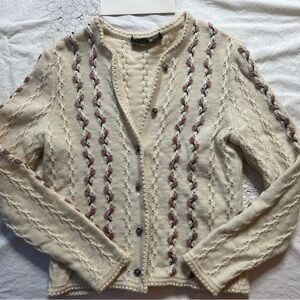 Cream and Pink Cable Knit Cardigan Sweater- Wool